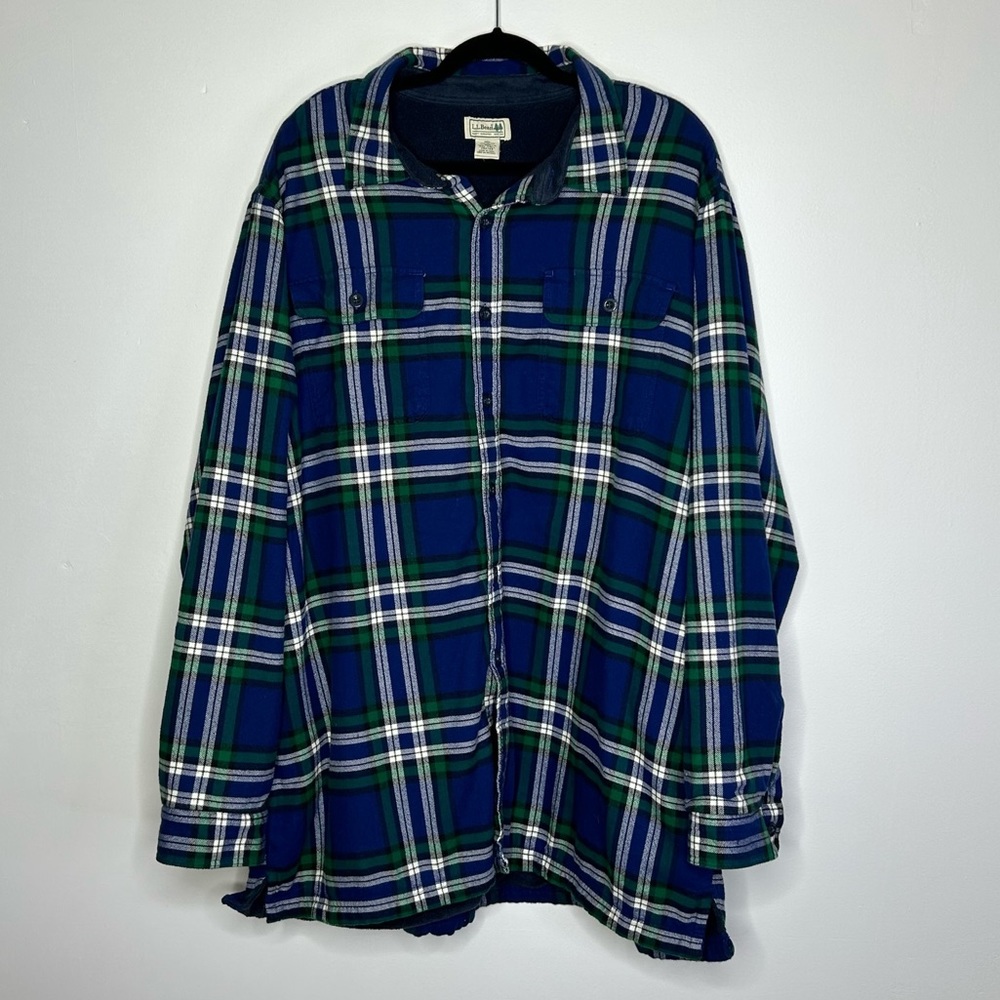 Vintage LL Bean blue and green flannel Sherpa shacket men’s size XXL TALL